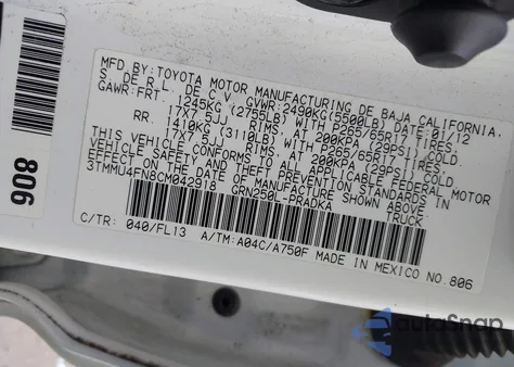 2012 Toyota Tacoma Base V6 z USA, uszkodzony, nr VIN 3TMMU4FN8CM042918